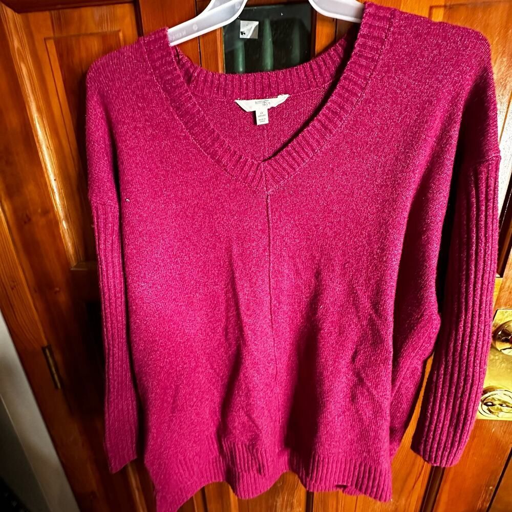 Terra & Sky Maroon Knit V neck Pull over long Ribbed Sleeve sweater Size 1X